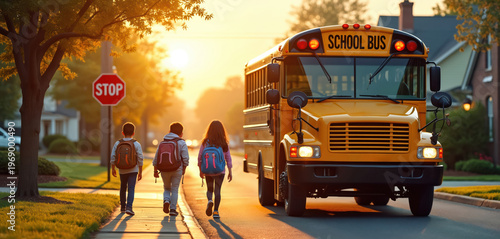 Children with backpacks walk to yellow school bus in morning sunlight. Stop sign visible on street. Parents feel safe with kids commuting to school.