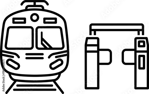 Black and white train and ticket gate icons