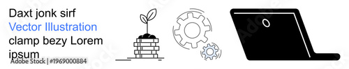 Economic growth, sustainability, innovation, technology, productivity, business process. A plant growing on coins, gears and a laptop. Economic growth and sustainability concept
