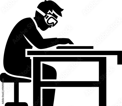 Black silhouette of a man wearing a gas mask sitting at a desk