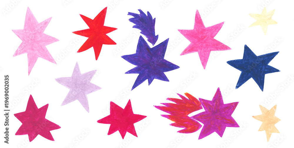 Obraz premium Hand drawn crayon pastel set of abstract colorful shine pink star shapes. Bright red, purple, lilac doodle sparkles and stars elements for graphic design, pattern, greeting cards, sparkle sticker