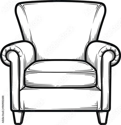 Illustration of a wingback chair in black and white