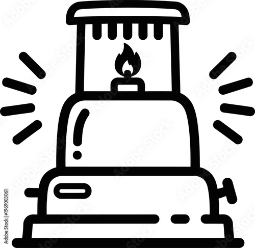 Black line icon of a kerosene heater with flame