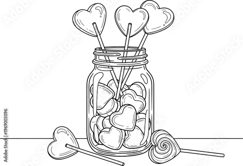 Heart shaped candies in a jar with lollipops