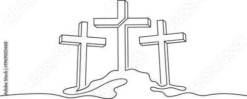 Three Crosses on Hill Continuous Line Minimal Illustration