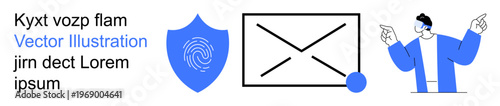 Cybersecurity, authentication, biometric security, communication, technology, email protection. A shield with a fingerprint, a secure message icon and a character pointing. Cybersecurity