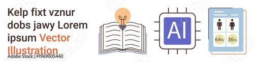 Education, AI technology, innovation, data analysis, learning tools, knowledge sharing. Open book, AI chip symbol and demographic data on a tablet. Education and AI technology concept