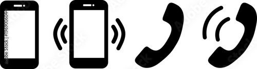 Mobile phone call icons set, smartphone vibration and telephone handset symbols, communication and customer support contact signs