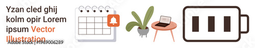 Time management, productivity, remote work, digital tools, eco-friendly spaces, power management. A calendar with a notification, desk setup with a laptop and a plant and battery icon. Time