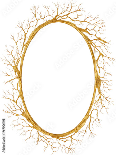 elegant and minimalist oval golden frame with nothing inside or out made of golden roots like yellow thunder
