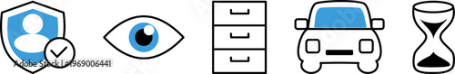 Privacy protection and business logistics icons, car insurance and data archiving symbols, hourglass time management and security verification elements