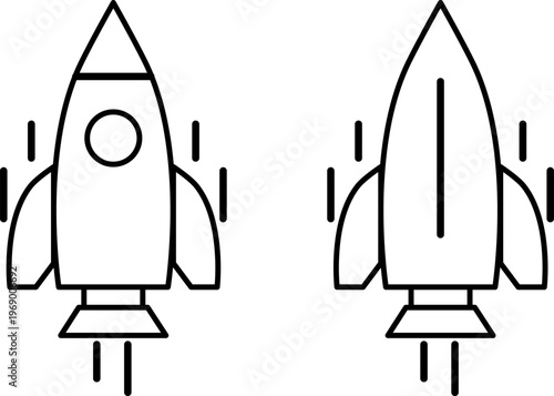 Rocket launch and space startup symbols, spacecraft silhouette for business growth, exploration and speed performance icons
