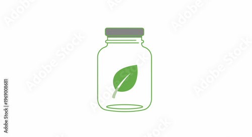 Glass jar with green leaf inside.