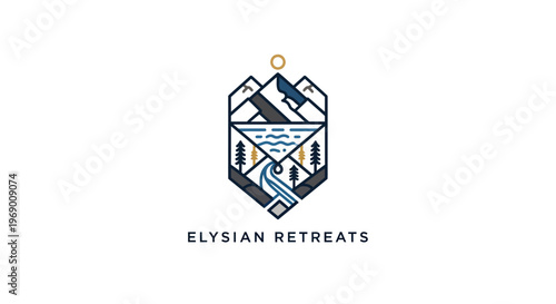 Elysian Retreats logo with mountains and river.