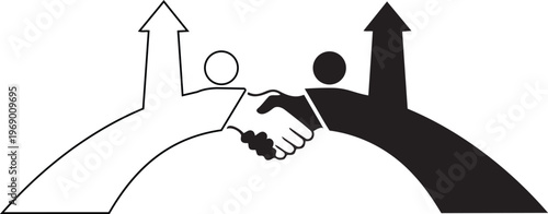 Abstract illustration of two figures shaking hands forming a bridge with upward arrows