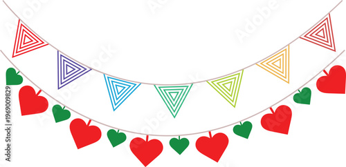 Festive bunting with colorful triangular flags and red and green hearts hanging on a string