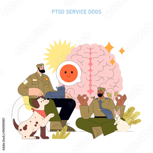 PTSD Service Dogs and Veterans Vector Illustration