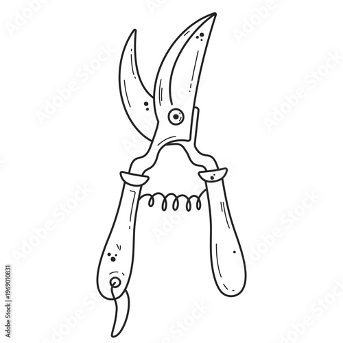 Hand drawn outline pruning shear. Isolated doodle style secateur vector illustration. Editable stroke