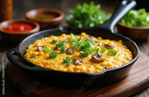 Corn and egg dish served in black pan. Topped with mushrooms and green onions. Side bowls of sauce and herbs. Delicious meal presented for dinner.