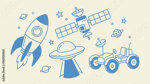Whimsical blue outline illustration of space travel items including rocket, satellite, UFO, and rover.