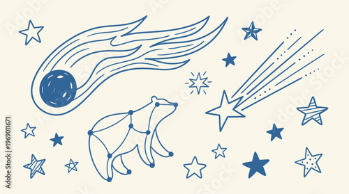 A delightful hand-drawn illustration featuring various celestial objects, including a comet, shooting star, and bear constellation.