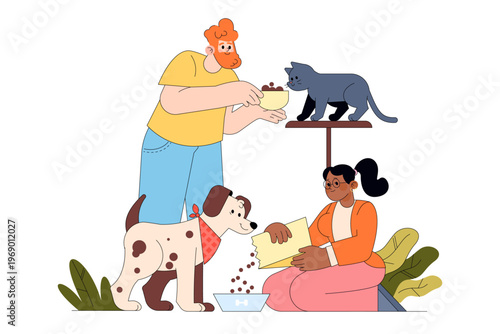 Feeding Pets Together Vector Illustration Showing Care