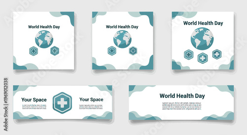 An array of World Health Day social media templates displays global health icons against a clean white background, offering large copy space and a modern design suitable for brands
