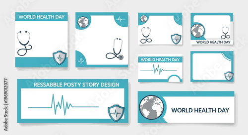 A set of World Health Day social media templates features global health icons and ample copy space, presented in a flat lay style with clean lines and a calming teal color palette