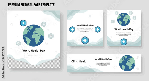 Square World Health Day social media template featuring Earth globes and global health icons, presented as a flat vector illustration with a clean design and generous copy space for NGOs