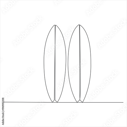 Continuous one line drawing of surfing boards riding ocean waves minimalist line art vector illustration