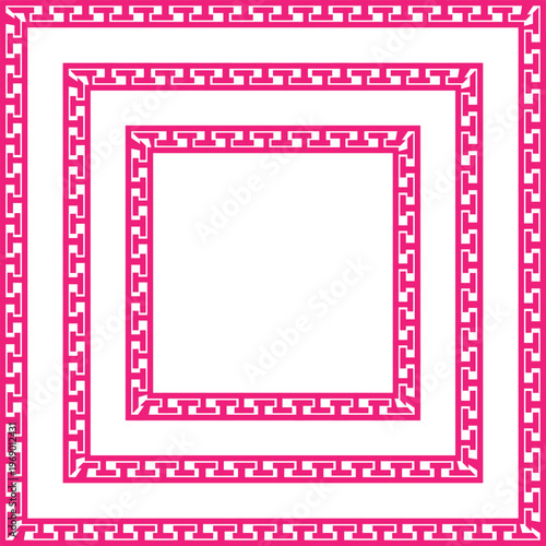 A nested set of three concentric square frames featuring a vibrant pink greek key pattern design.