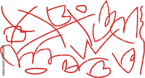 An abstract digital illustration featuring expressive red hand drawn scribbles on white background