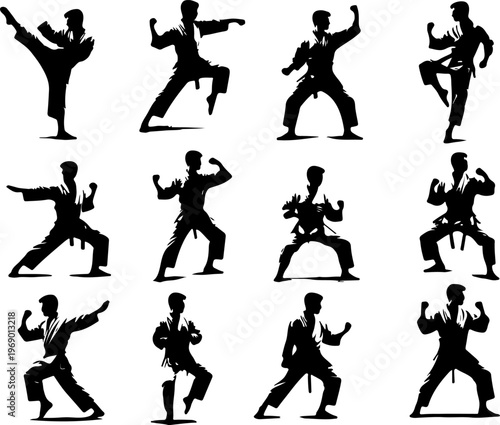 Monochrome Illustration of Karate Practitioner Demonstrating Various Combat Techniques and Defensive Poses