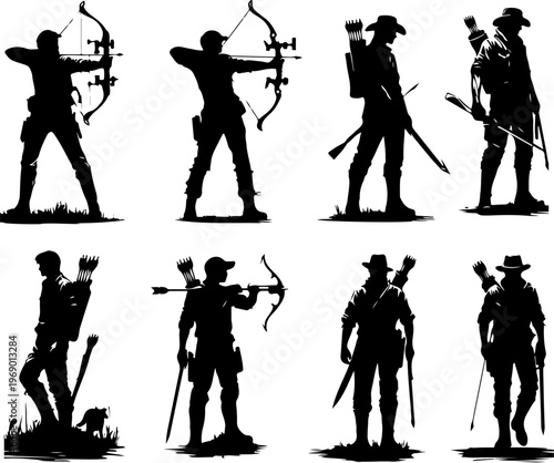 Monochrome Silhouettes of Archers Practicing Precision Shooting with Traditional Bows and Modern Gear