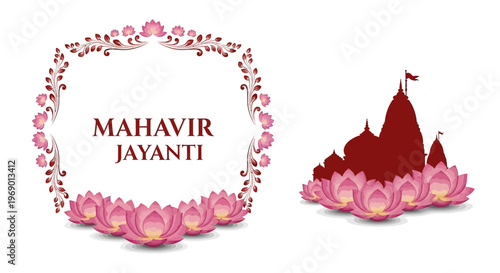 A vector illustration for Mahavir Jayanti features a decorative floral frame and silhouette temples with pink lotus flowers against a clean white background, creating a festive design