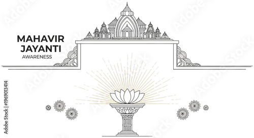 Illustrated Mahavir Jayanti social media post template featuring a Jain temple architectural frame and a lotus flower on a pedestal against a clean white background, conveying a sense