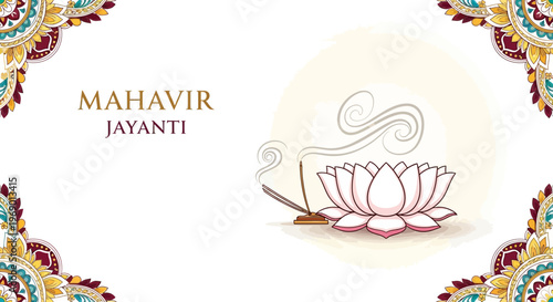 An ornate Mahavir Jayanti social media template features a lotus, incense, and floral decoration in a vector illustration, set against a clean white background conveying peace