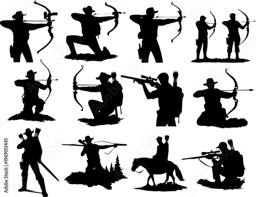 Outdoor Hunter Silhouettes Featuring Archers and Rifle Carriers in Tactical and Wilderness Scenarios 