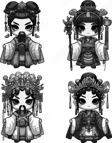 Peking Opera Character Set in Kawaii Chibi Art Style, A Collection of Traditional Chinese Theatrical Figures with Intricate Costume Designs Isolated on Clean White Background for Graphic Designers 