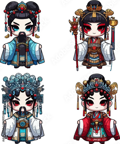 Peking Opera Character Set in Kawaii Chibi Art Style, A Collection of Traditional Chinese Theatrical Figures with Intricate Costume Designs Isolated on Clean White Background for Graphic Designers