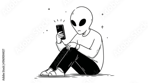 Curious alien character using a smartphone, hand-drawn illustration of extraterrestrial technology interaction, digital communication concept.