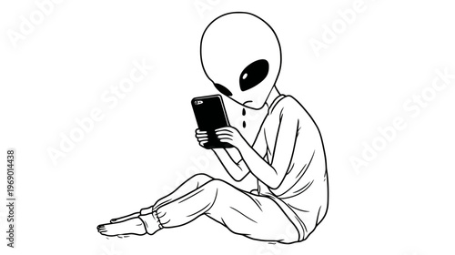 Cartoon alien character sitting and engrossed with a smartphone, extraterrestrial creature using a mobile device illustration