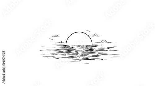 Hand drawn sketch of a scenic ocean sunset or sunrise horizon with birds and clouds. Minimalistic sea landscape illustration.