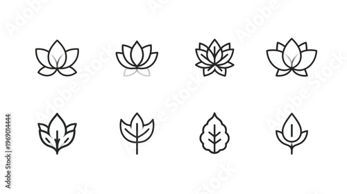 Set of minimalist line art icons featuring lotus flowers and various leaves, perfect for natural, spiritual, or botanical designs