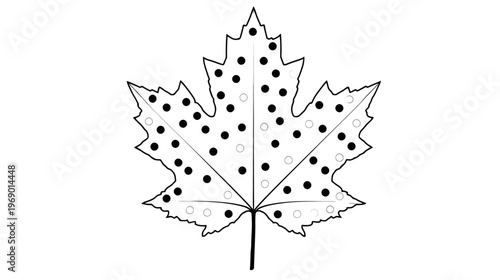 Monochrome vector drawing of a maple leaf with a scattered pattern of black and white dots, useful for scientific data or educational design.
