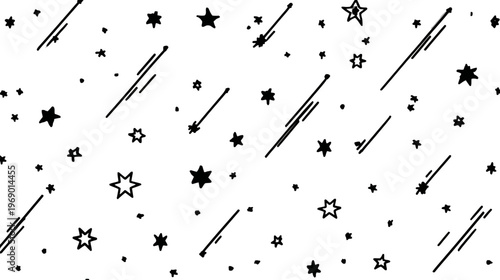 Seamless minimalist black and white cosmic pattern with various stars and shooting meteors. Graphic celestial background.