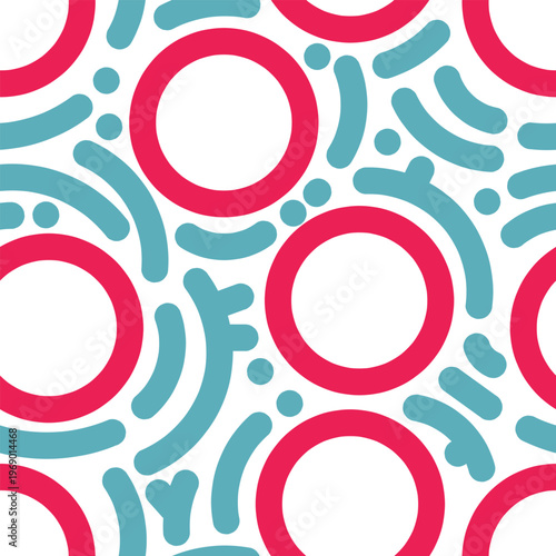 Seamless pink circle pattern with light blue abstract doodles on white background. Cute playful geometric repeat design perfect for fabric prints, packaging, and stationery.