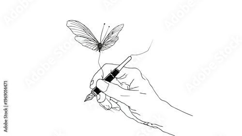 Creative hand drawing a graceful butterfly with a fountain pen. Line art illustration symbolizing imagination, art, and transformation.