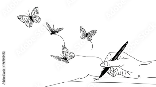 Line art illustration of a hand drawing flying butterflies with a pen, symbolizing creativity, imagination, inspiration, and freedom of expression.