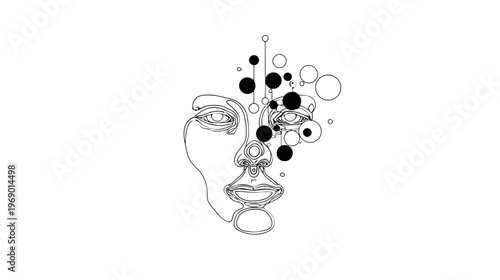 Abstract minimalist line art face with geometric circles. Contemporary drawing representing mind, thought, creativity, and connection.